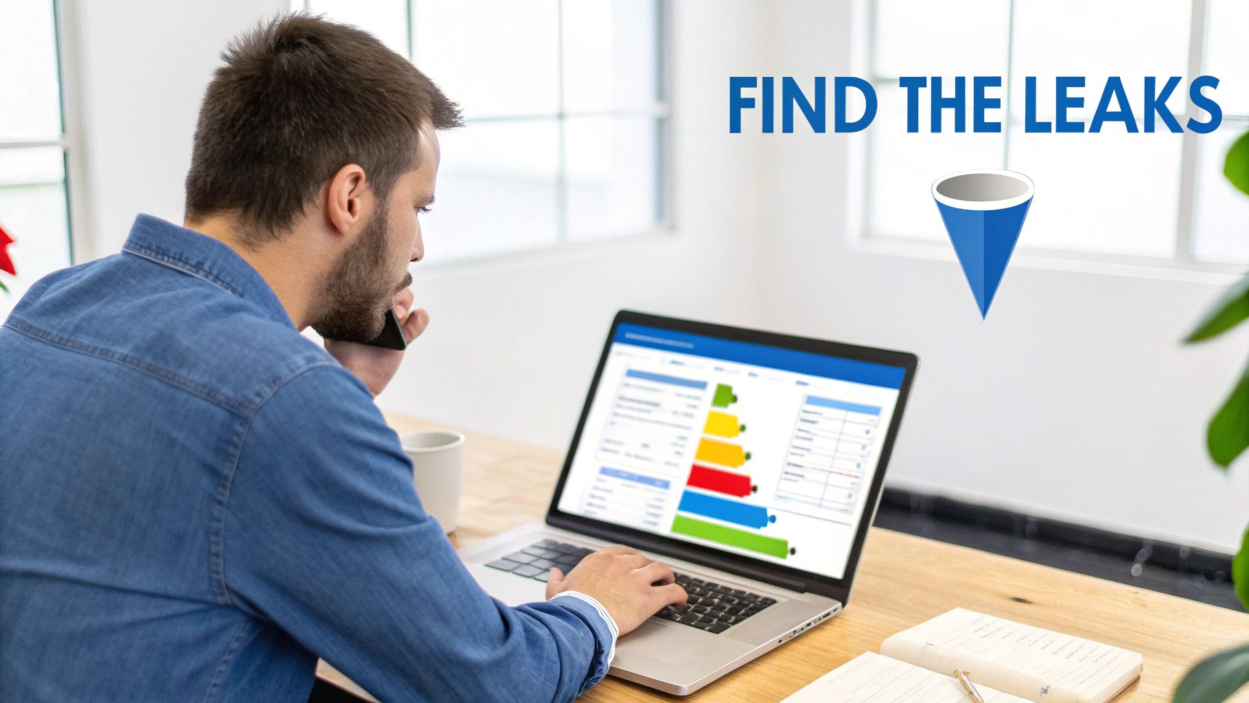 A man on a phone call using a laptop displaying data graphs, with 'FIND THE LEAKS' text and a funnel icon.