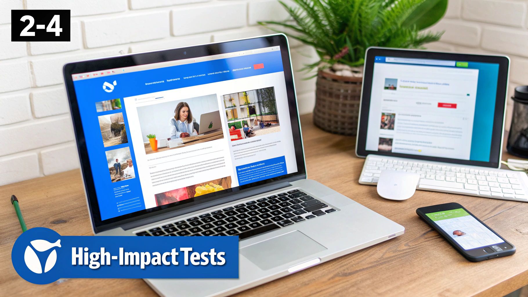 A modern workspace featuring a laptop, tablet, and smartphone displaying websites on a wooden desk.