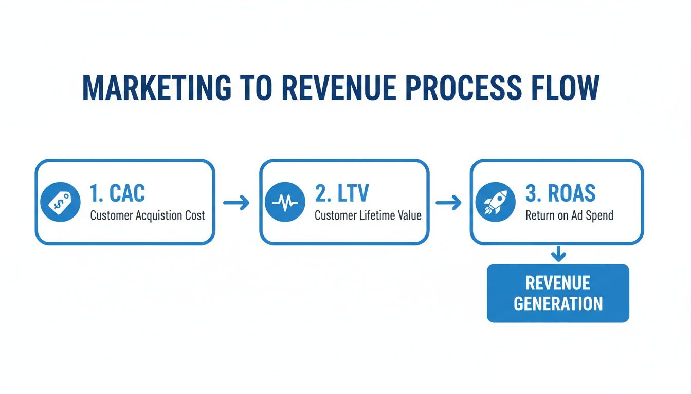 Marketing to Revenue Process Flow diagram illustrating CAC, LTV, and ROAS leading to Revenue Generation.