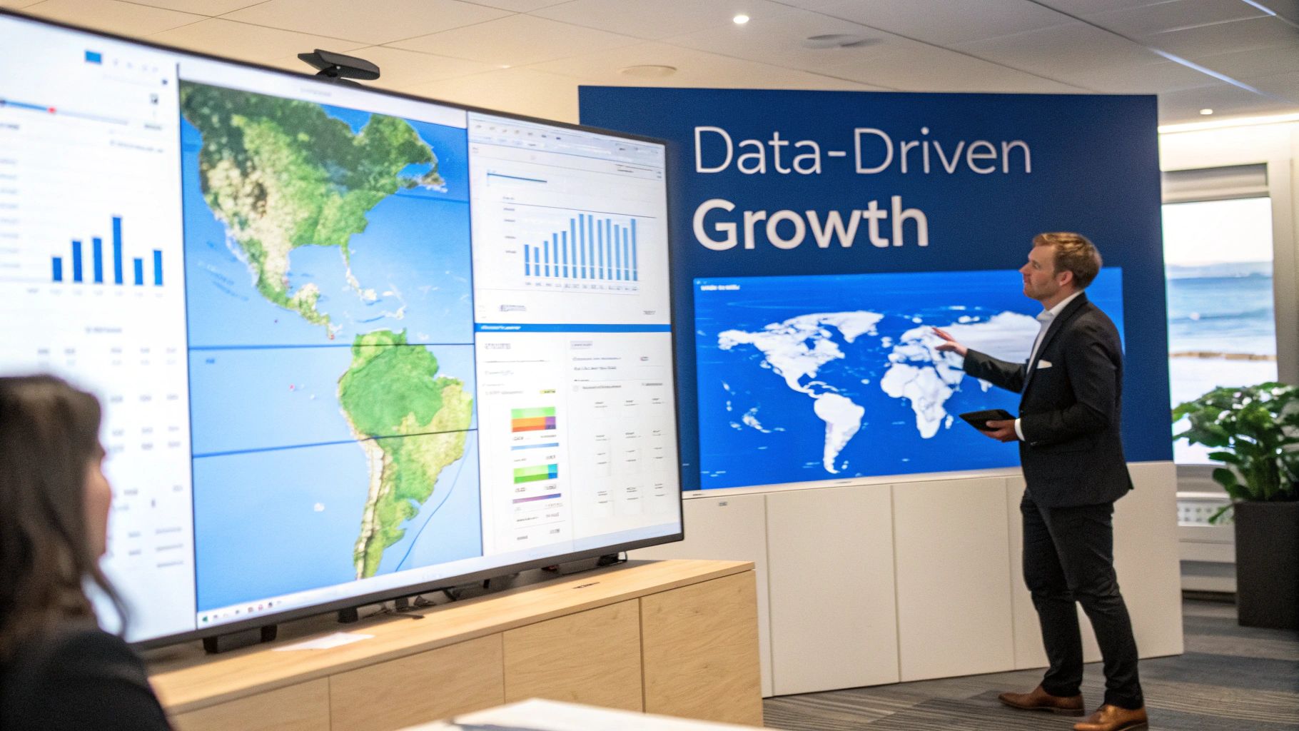 A man presents data-driven growth strategies on large screens displaying maps and charts in an office.
