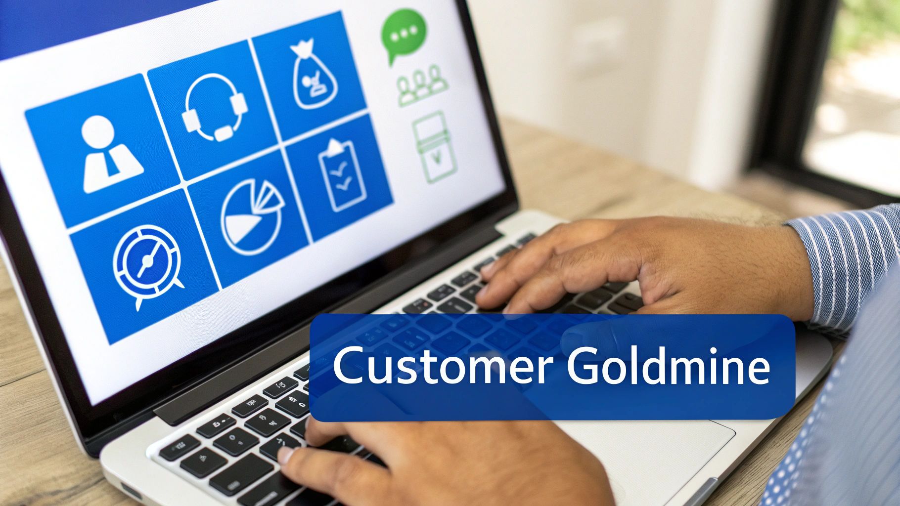Hands typing on a laptop displaying data icons and the text 'Customer Goldmine' on the screen.