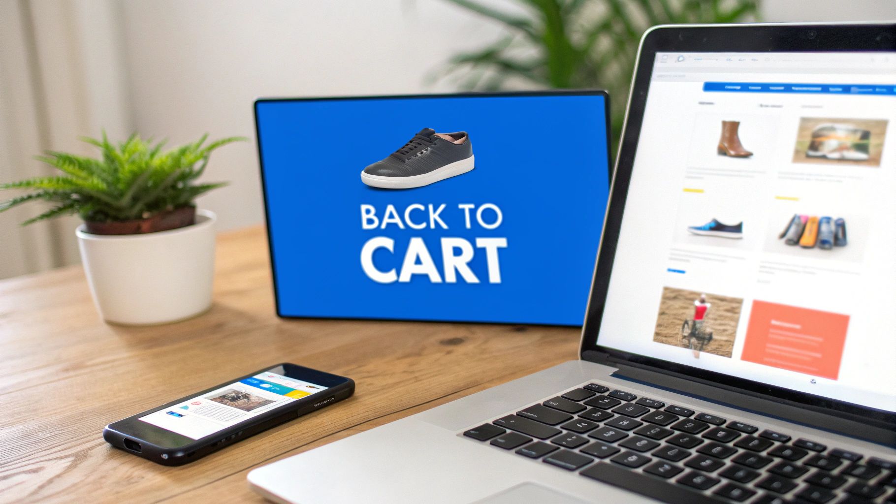 E-commerce setup with laptop, smartphone, tablet displaying 'Back to Cart' and an online store.