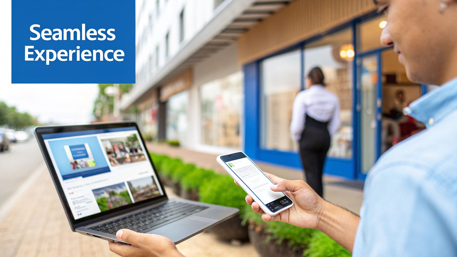 A person holds a laptop and smartphone, showcasing a seamless digital experience across devices.