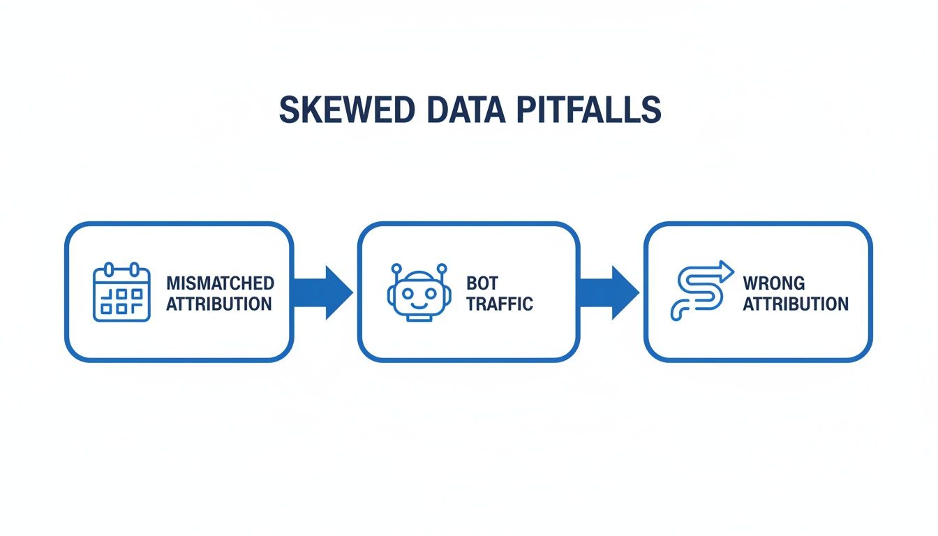 A flowchart illustrates skewed data pitfalls: mismatched attribution and bot traffic leading to wrong attribution.