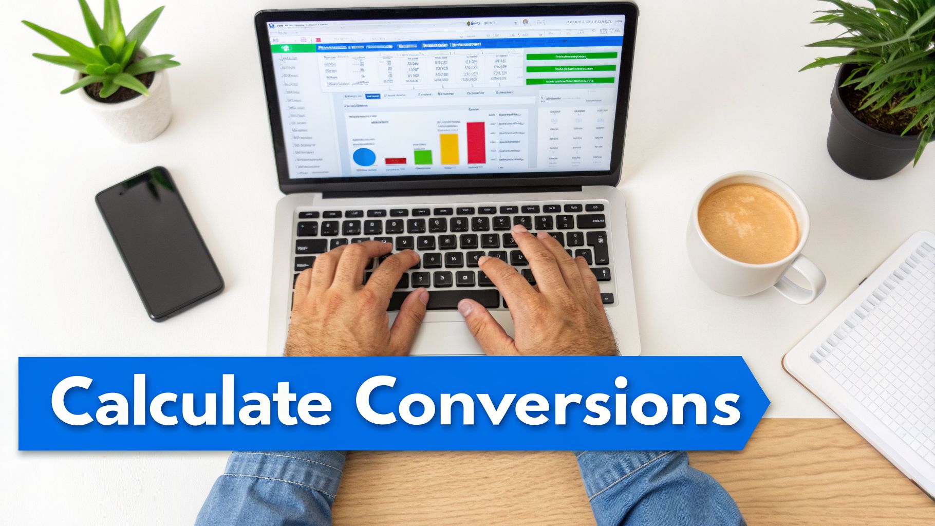 A person's hands type on a laptop displaying conversion rate analytics and charts on a white desk.