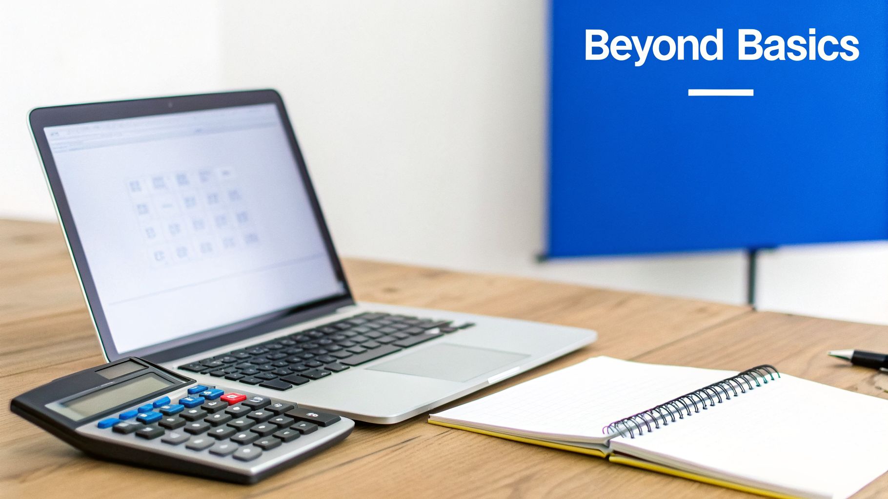 A laptop, calculator, and notebook on a wooden desk, with a 'Beyond Basics' screen in the background.