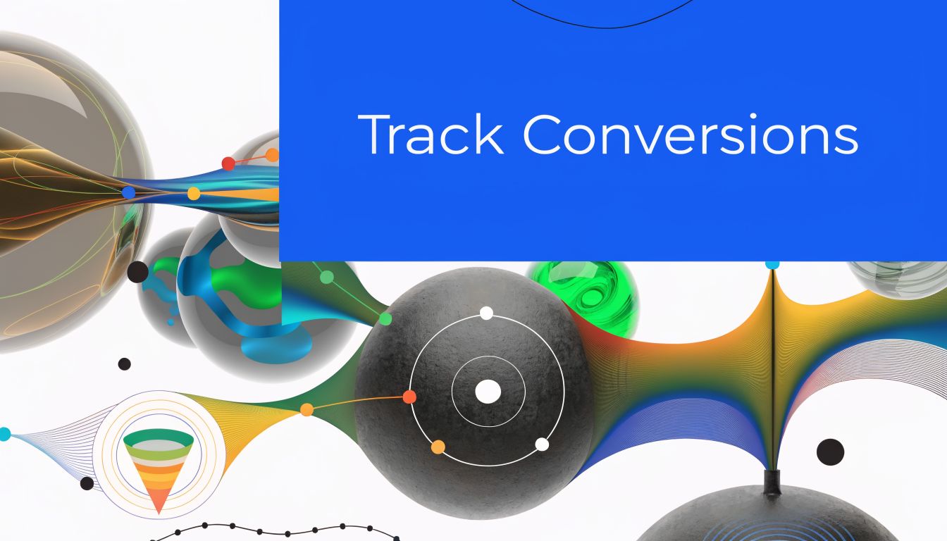 Abstract digital graphic featuring spheres and flowing lines representing data tracking and conversion lead generation processes.