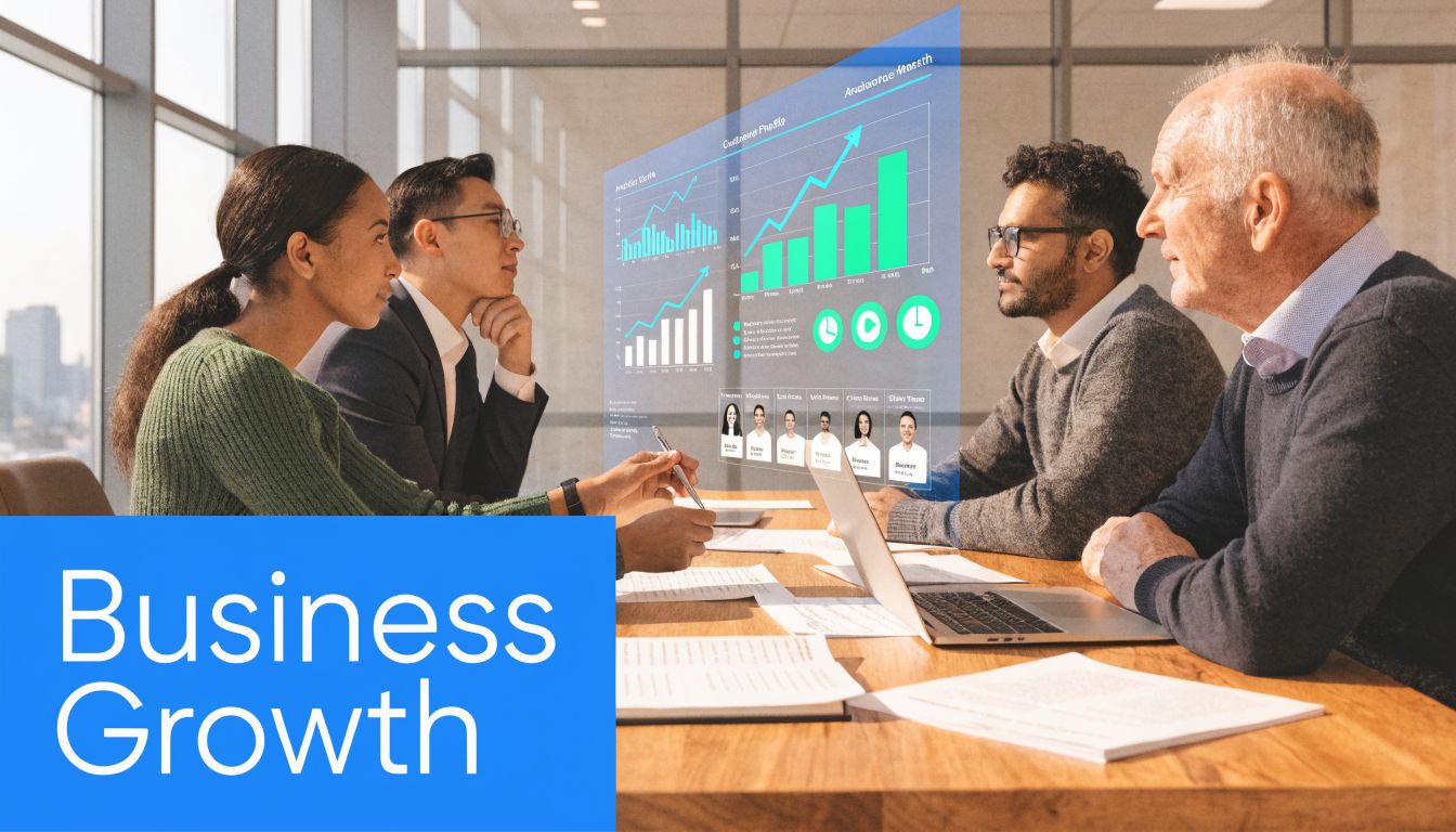 A diverse business team collaborating in a modern office, analyzing digital customer data charts on a screen.