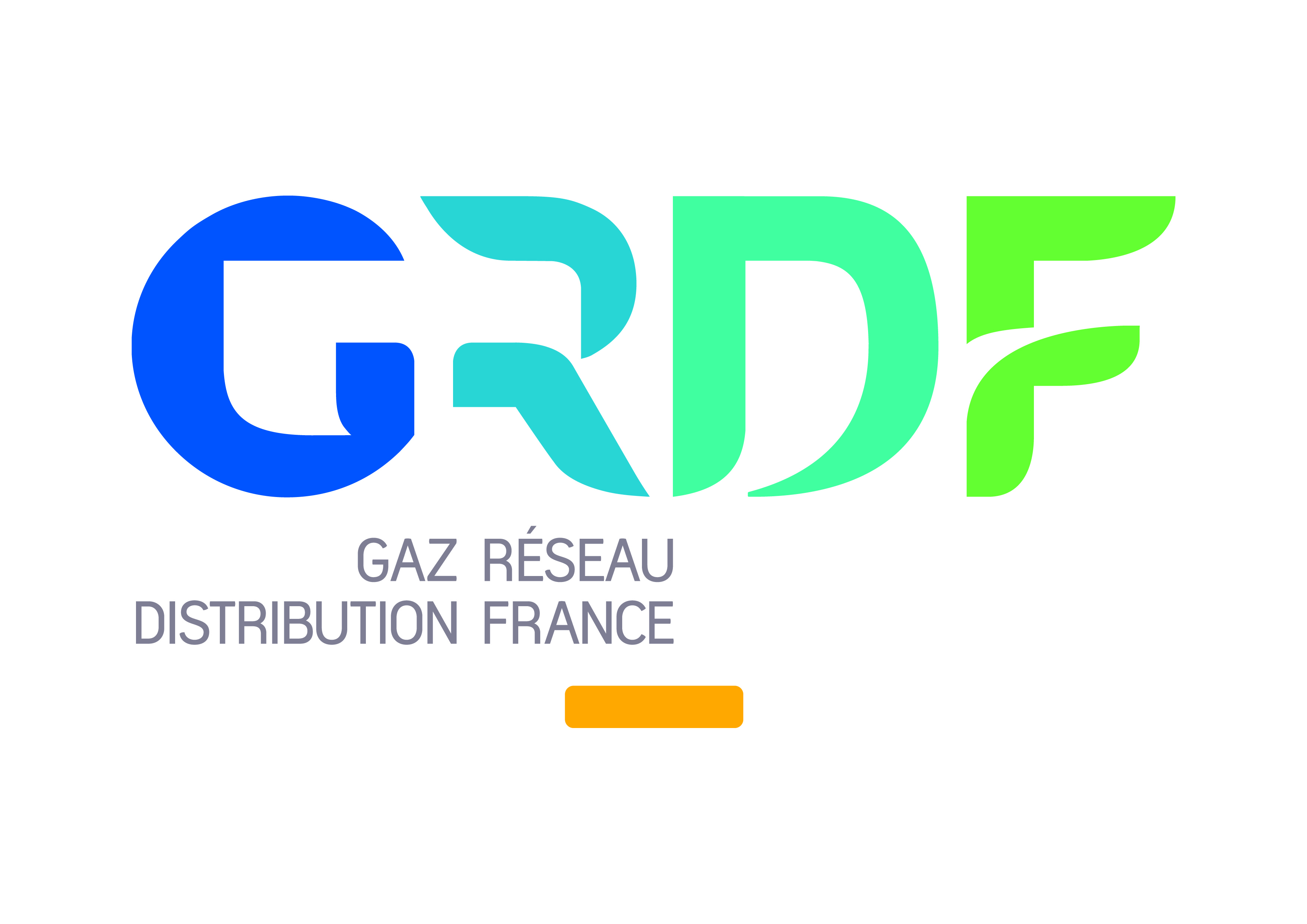 Colorful GRDF logo with blue, turquoise, green letters and gray text 'Gaz Réseau Distribution France'.