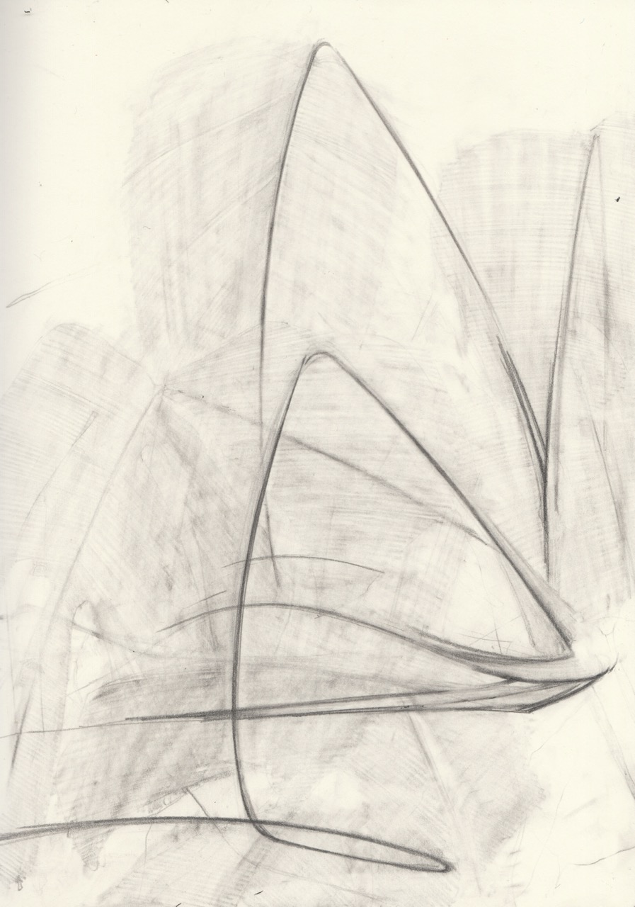 Abstract pencil sketch featuring curved and angular lines creating a dynamic flowing composition on a white background.