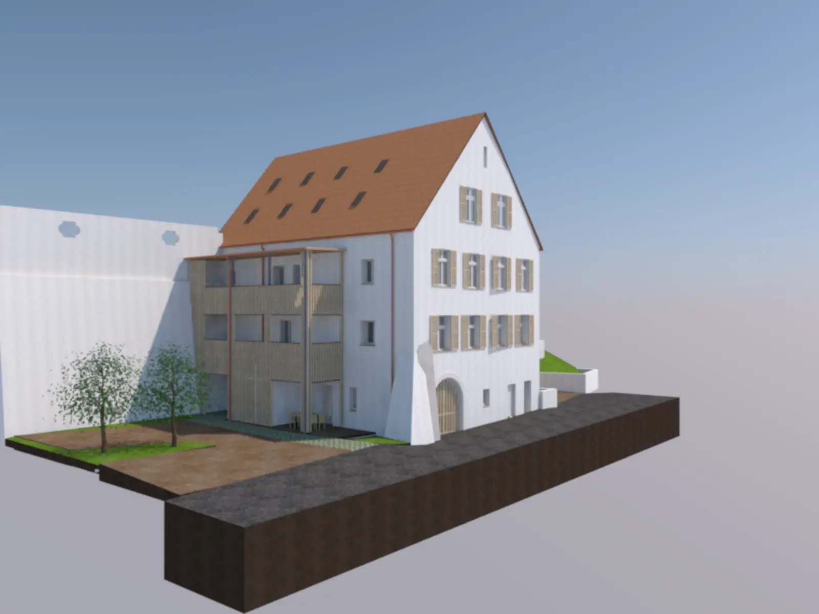 Architektonische Visualisierung der Westansicht des Bohlerhauses nach der geplanten Sanierung mit Holz-Laube, neuen Fensteröffnungen und begrüntem Vorplatz