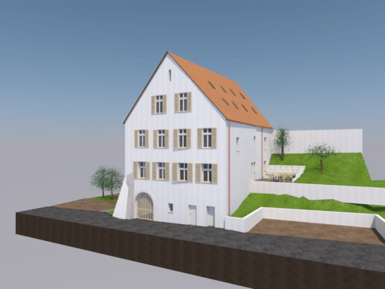 Visualisierung der Ostansicht des sanierten Bohlerhauses mit neu gestalteten Terrassen, grünem Gartenbereich und denkmalgerechter Fassadengestaltung