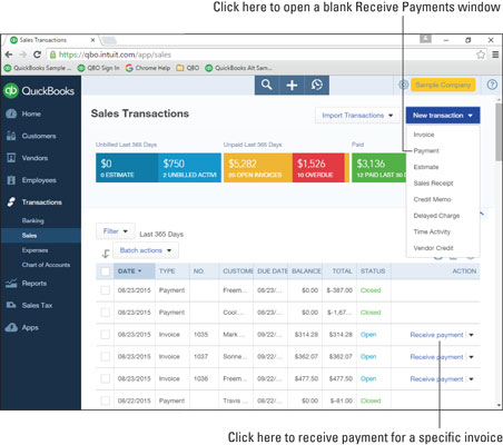 You can open the Receive Payments window from the Sales Transaction list.