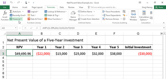 Using the NPV function to calculate the net present value of an investment.