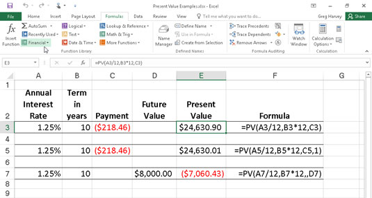 Using the PV function to calculate the present value of various investments.