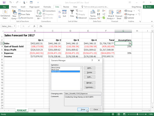 Spreadsheet after showing the Worst Case scenario.