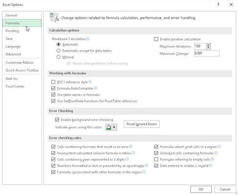 The Formulas tab’s options enable you to change how formulas in the spreadsheet are recalcula