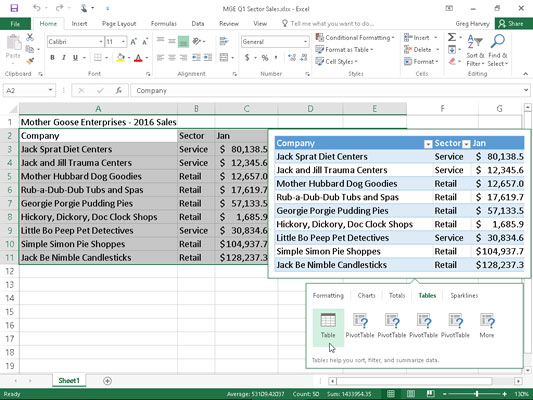 Previewing the selected data formatted as a table with the Quick Analysis tool.