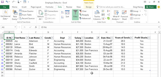 The Employee Data List after filtering out all records except those with Boston or San Francisco in