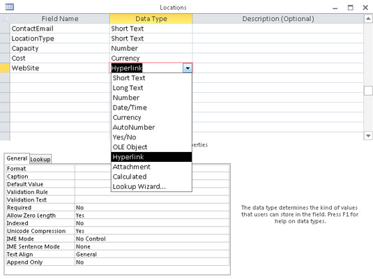 In Design view, choose Hyperlink from the list of data types.