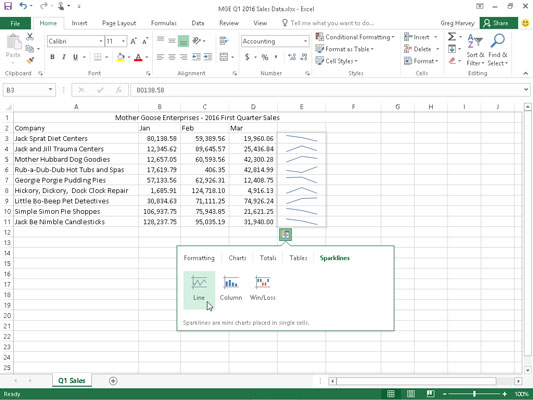 Previewing sparklines to visually represent the trends in the three-month sales for each company in