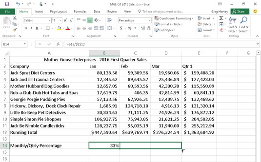 Copying the formula for computing the ratio of monthly to quarterly sales with an absolute cell ref