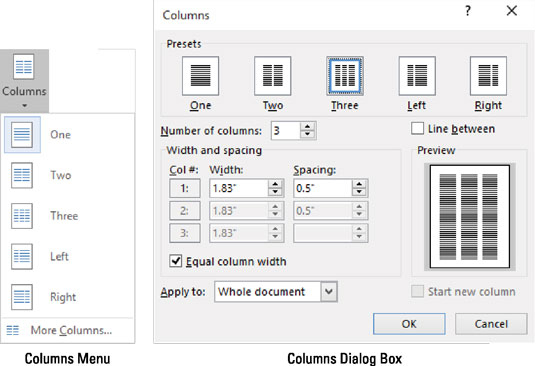 The Width and spacing area enables you to make specific column adjustments.