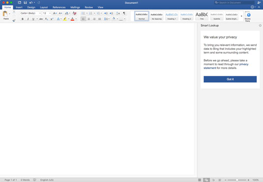 The Home screen of Word 2016.