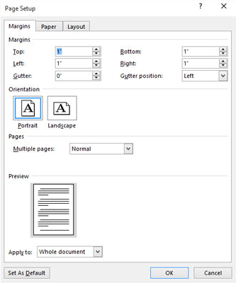 The Margins tab in the Page Setup dialog box.