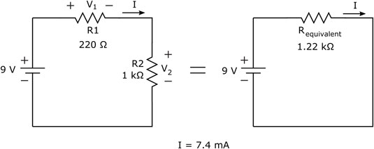 To calculate the current through this circuit, determine the equivalent resistance and apply Ohm's 