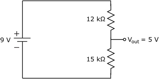 This voltage divider circuit reduces the 9-volt supply to 5 volts at <i>V</i><i><sub>out</sub></i>.