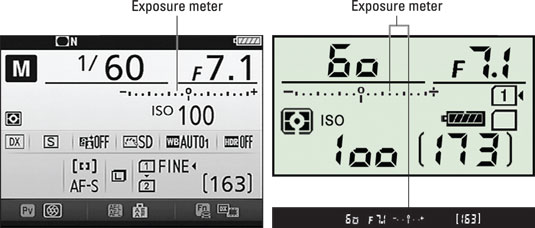 In M exposure mode, the exposure meter appears in the Information display, Control panel, and viewf