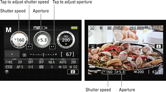 You can view the current f‐stop and shutter speed on the Information display and Live View sc