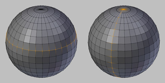 A closed edge loop (left) around a sphere and a terminating edge loop (right) on a sphere.