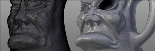 On the left, a model sculpted with dyntopo; on the right is the same model after being retopologize