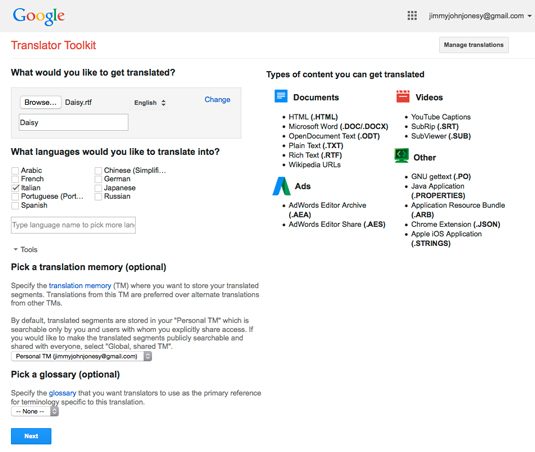 Figure 1: Google Translator Toolkit.