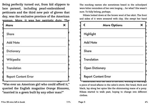 The More option display for the first-generation Kindle Paperwhite is on the left; the second-gener