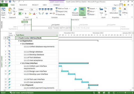 An open Gantt chart in Microsoft Project.