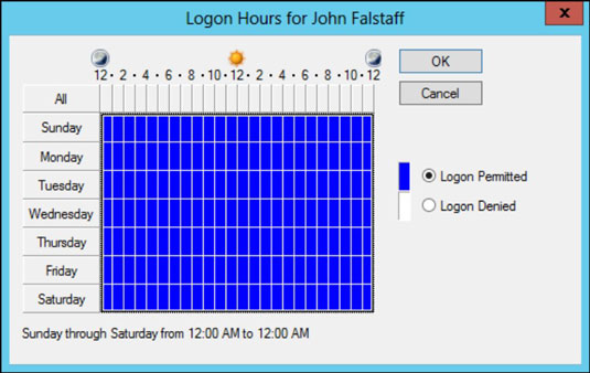 The logon hours for a user in Windows Server.