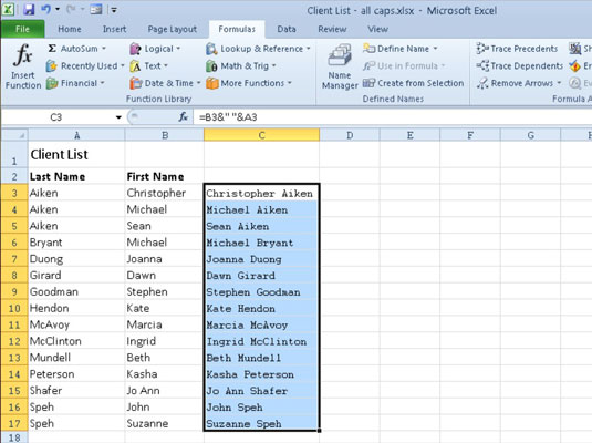 Worksheet after concatenating the first and last names in column C.