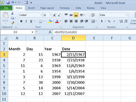 Using the DATE function to combine separate date information into a single entry.