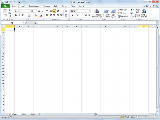 Excel 2010 displays a new, blank workbook when you start the program.