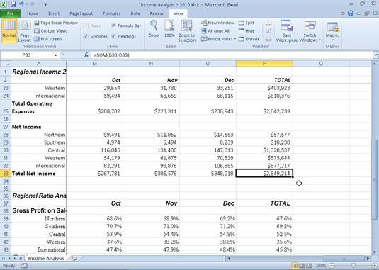 Use the scroll bars to navigate to unseen parts of an Excel 2010 worksheet.