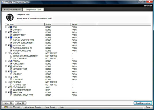 The test on this Toshiba laptop model excludes the dial-up modem and tells the software not to both