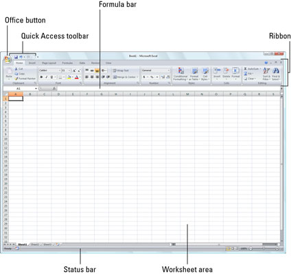 Excel 2007 displays a new, blank workbook named Book1 when you start the program.