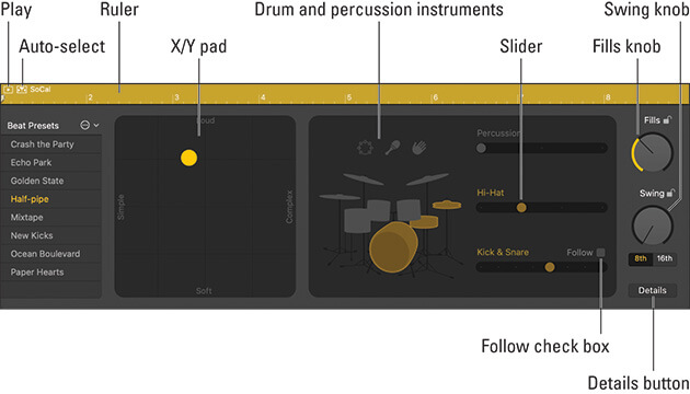 Screenshot of the Logic Pro drummer editor