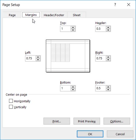 adjust margins in Excel 2019