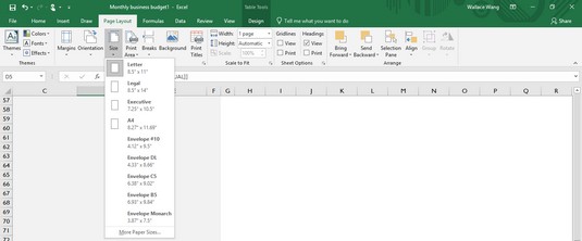 Excel 2019 size menu