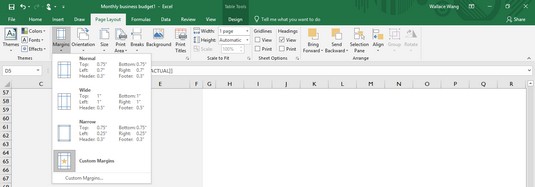 Margins icon Excel 2019