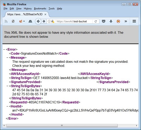 Signature error message AWS